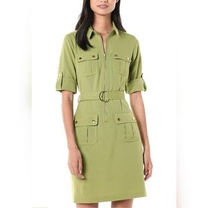 Sharagano Belted Front Zip Utility Shirt Dress